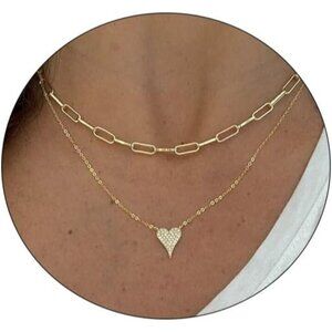 Layered Gold Necklace for Women Heart Pendant Choker Chain Cubic Zirconia